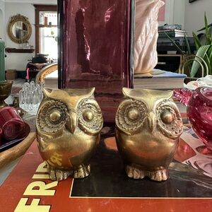 Pair of Vintage Brass Owl Paperweights / Sculpture